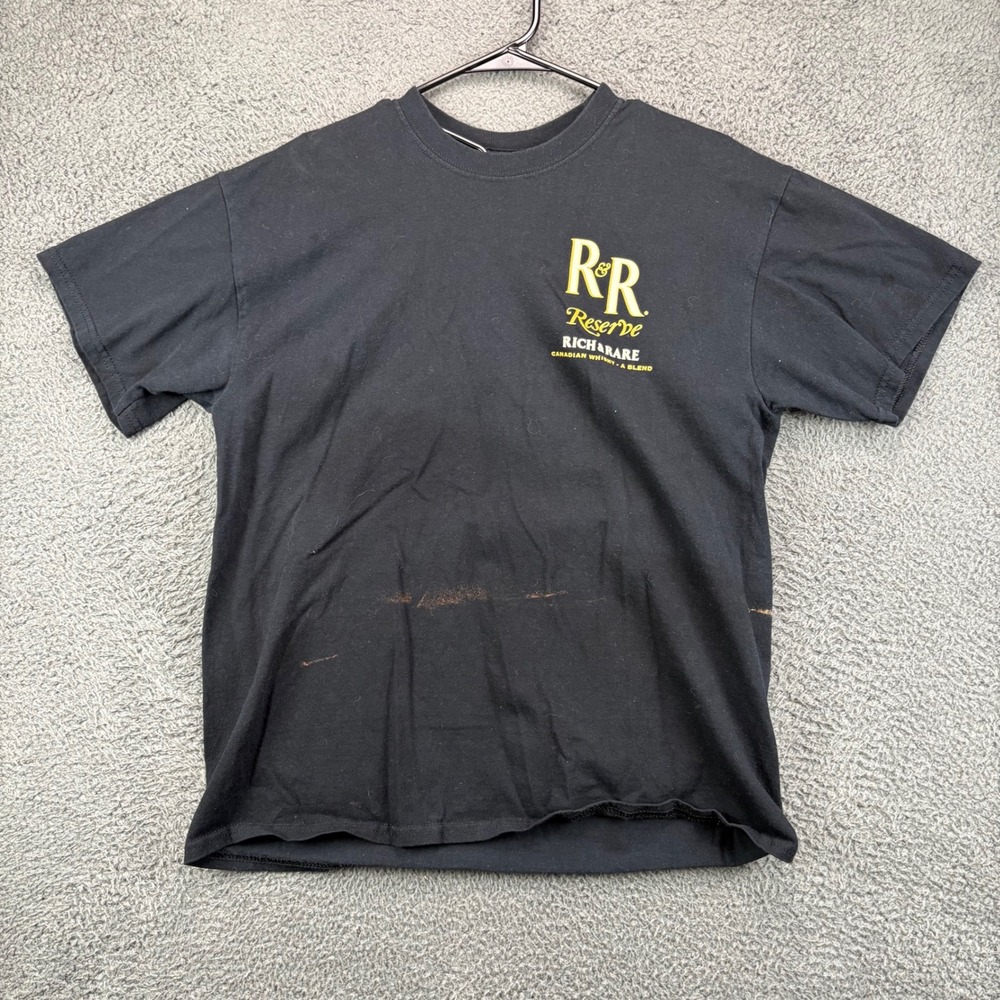 Rich Rare Reserve Canadian Whisky Graphic T-Shirt Mens Large Black Distressed
